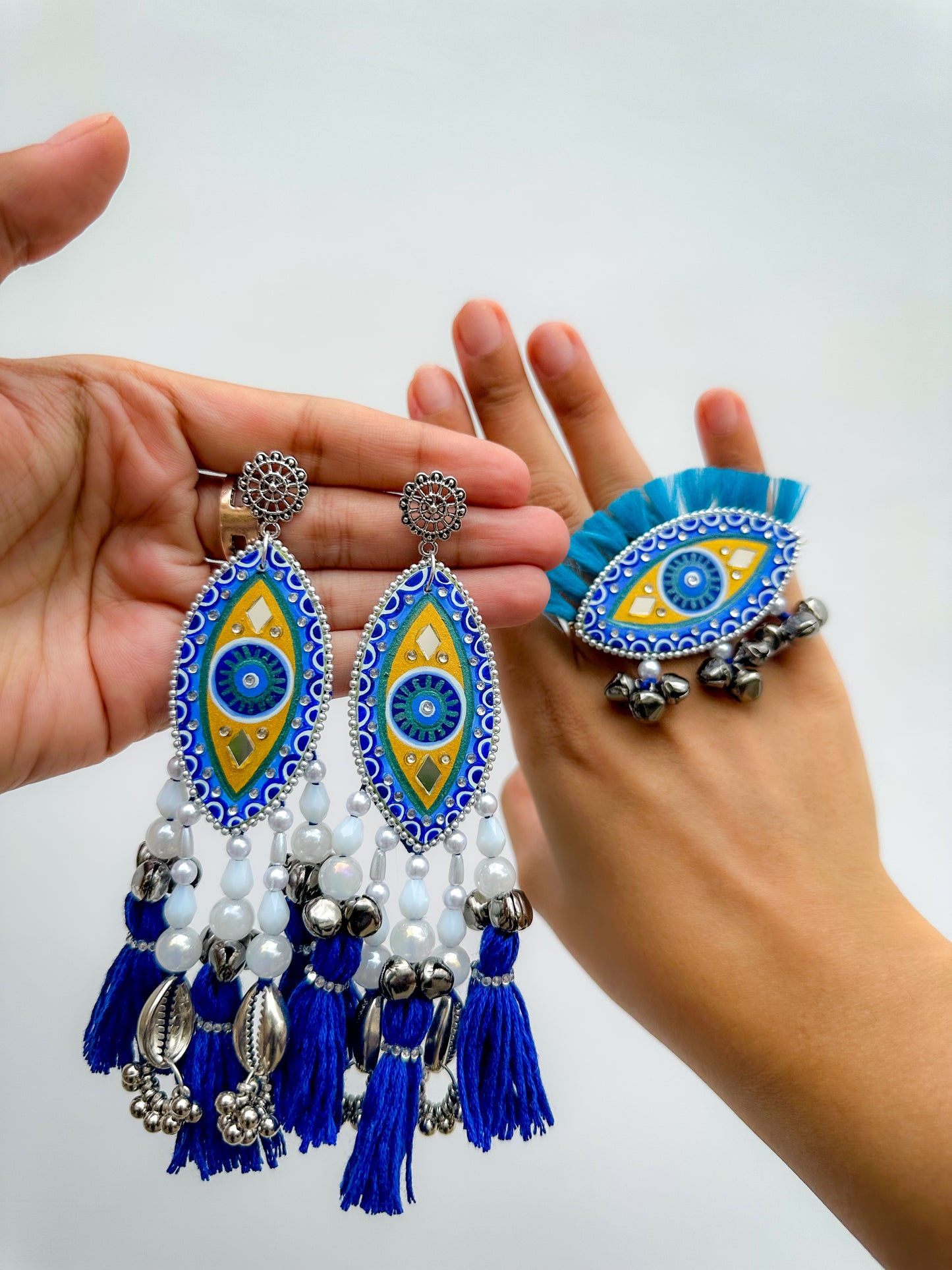Evil Eye Tassel Earrings + Ring Set