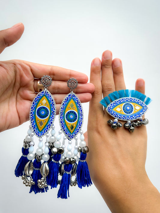 Evil Eye Tassel Earrings + Ring Set